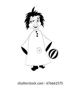 Monster with ball. Vector illustration, black and white, painted, hand-drawn