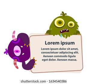 Monster banner. Colorful monsters frame the map. Cute funny creatures, happy and scary children blank postcard, vector illustration in cartoon style.