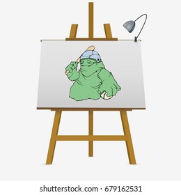 Monster with baseball bat and ball. Hand drawn on easel stock vector illustration