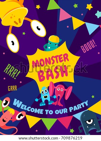 Monster bash party card. Invitation poster vector illustration templat banner