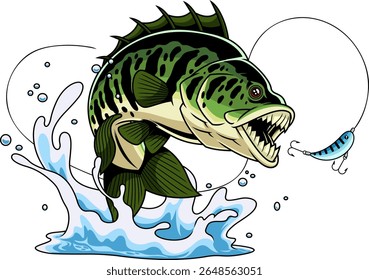 Monster Bass Fish Cartoon Mascot Character with Sharp Teeth Jumping at Lure – Vector Hand Drawn Illustration Isolated On Transparent Background
