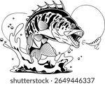 Monster Bass Fish Mascot with Sharp Teeth Jumping at Lure – Black and White Vector Hand Drawn Illustration Isolated On Transparent Background