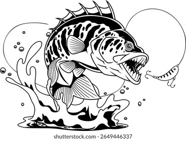 Monster Bass Fish Mascot with Sharp Teeth Jumping at Lure – Black and White Vector Hand Drawn Illustration Isolated On Transparent Background