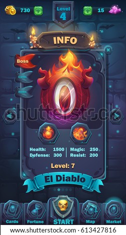 Monster battle GUI info playing field match 3 - cartoon stylized vector illustration mobile format window with options buttons, game items, cards.