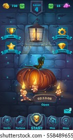 Monster battle GUI playing field - vector cartoon illustration game user interface - background horrible Halloween wall with pumpkin playing field