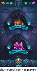 Monster battle GUI playing field - vector cartoon illustration game user interface - background horrible Halloween wall with pumpkin and the crystals playing field