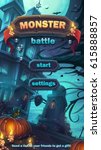 Monster battle GUI start playing field match 3 - cartoon stylized vector illustration mobile format window with options buttons, game items, cards.