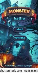 Monster battle GUI start playing field match 3 - cartoon stylized vector illustration mobile format window with options buttons, game items, cards.