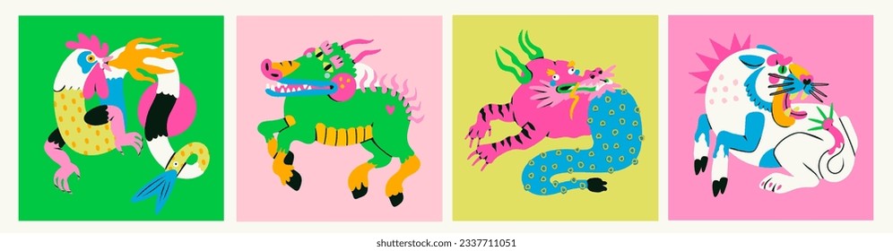 Monster or Beast set. Cute abstract characters. Cartoon trendy unique style. Hand drawn Vector illustration. Funny comic creatures. Tattoo idea, poster, print, design templates. Isolated elements