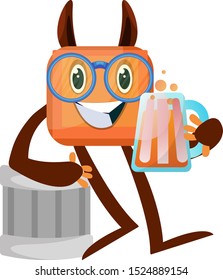 Monster with beer, illustration, vector on white background.