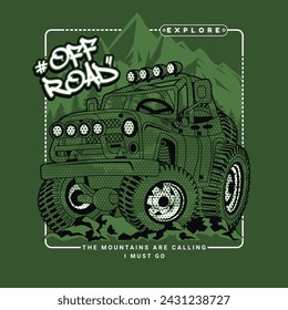 Monster Big car on abstract background typography, vector illustration