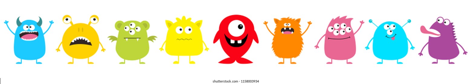 Monster big set. Cute cartoon colorful scary character. Eyes, tongue, hands up. Boo spooky. Funny baby collection. Happy Halloween card. White background Isolated. Flat design. Vector illustration