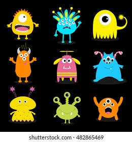 Monster big set. Cute cartoon scary character. Baby collection. Black background. Isolated. Happy Halloween card. Flat design. Vector illustration.