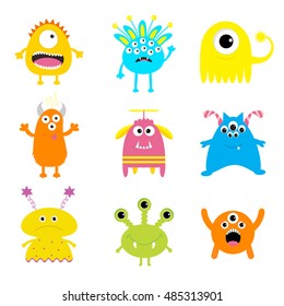 Monster big set. Cute cartoon scary character. Baby collection. White background Isolated. Happy Halloween card. Flat design. Vector illustration.