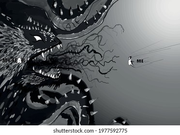 Monster with big teeth, spiked tentacles sticking out of the dark. With an open mouth full of tentacles and fumes attracting a person floating in the air.