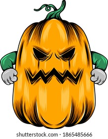 The monster big yellow pumpkin with the angry face and two clench hand