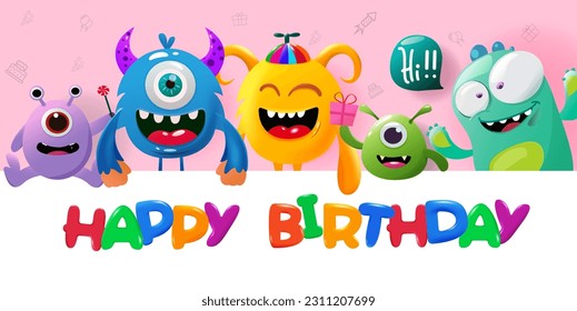 Monster birthday character vector design. Happy birthday text with funny monster and costume characters. Vector illustration greeting template.