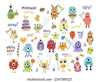 Monster Birthday Party. Big set. Flat, cartoon, vector