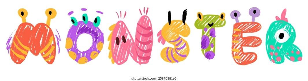 Monster birthday Party. Monster or Dinosaur lettering. Bright modern illustration for kids, nursery, poster, card, birthday party, packaging paper design. Vector cartoon crayon colorful illustration