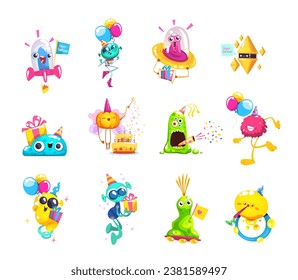 Monster birthday party. Goofy monsters toy with balloon cupcake halloween kid holidays, silly funny troll creature character, alien space child surprise classy vector illustration of alien animal