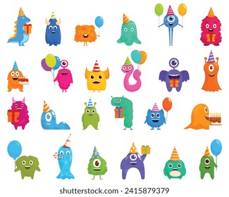 Monster birthday party icons set cartoon vector. Cupcake balloon. Toy present