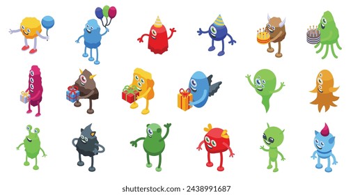 Monster birthday party icons set isometric vector. Balloon present. Holiday surprise