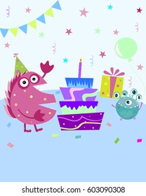 Monster birthday Postcard vector illustration Space for text  