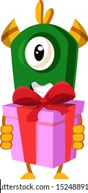 Monstruo con regalo de cumpleaños, ilustración, vector sobre fondo blanco.