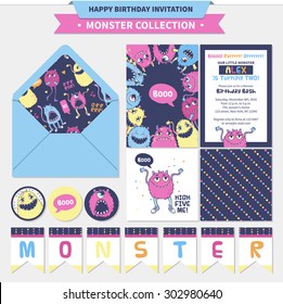 Monster birthday vector set for kids (invitations, cards, envelope, stamp, sticker and banners).