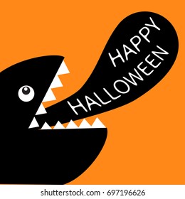 Monster black head silhouette with eye, fang tooth, tongue. Cute cartoon funny character. Baby collection. Isolated. Happy Halloween text. Greeting card. Flat design. Orange background. Vector