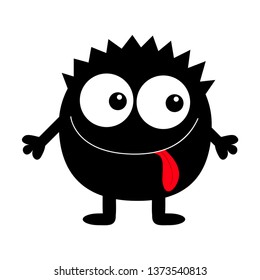 Monster black round silhouette. Two eyes, tongue, hands. Cute cartoon kawaii scary funny character. Baby collection.Happy Halloween. White background. Isolated. Flat design. Vector illustration