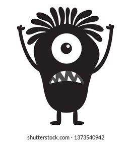 Monster black silhouette. Cute cartoon kawaii scary funny character. Baby collection. One eye, fang tooth, hands up, hair. White background. Isolated. Happy Halloween. Flat design. Vector illustration