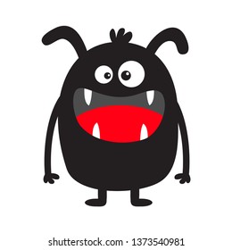 Monster black silhouette. Cute cartoon kawaii scary funny character. Baby collection. Crazy eyes, fang tooth tongue, hands. Happy Halloween. White background. Isolated Flat design. Vector illustration