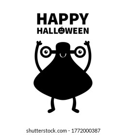 Monster black silhouette. Happy Halloween. Cute cartoon kawaii character icon. Eyes, smile, hands up. Funny baby collection. White background. Isolated. Flat design. Vector illustration