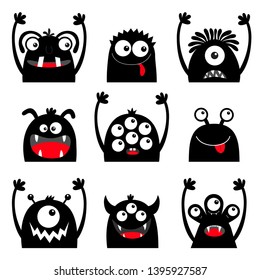 Monster black silhouette head face icon set. Eyes, tongue, tooth fang, hands up. Cute cartoon kawaii scary funny baby character. Happy Halloween. White background. Flat design. Vector illustration