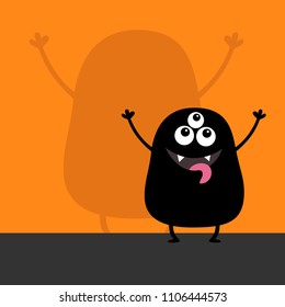 Monster black silhouette looking up. Wall shadow shade. Three eyes, teeth fang, big tongue spooky hands up. Funny Cute cartoon baby character. Happy Halloween. Flat design. Orange background. Vector