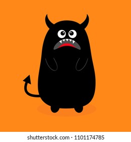 Monster black silhouette. Sad emotion. Fang tooth. Open mouth. Eyes, teeth, tongue, hands, tail, horns. Funny Cute cartoon baby character. Happy Halloween Flat design Orange background Isolated Vector