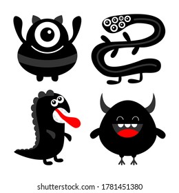 Monster black silhouette set. Dino, snake. Happy Halloween. Cute kawaii cartoon scary funny character icon. Eye, hair, tongue, teeth, hands. Funny baby collection. White background Flat design. Vector