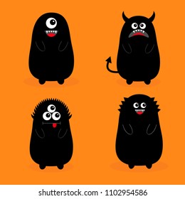 Monster black silhouette set. Fang tooth. Open mouth. One eye, teeth, tongue, hands, tail, horns. Funny Cute cartoon baby character. Happy Halloween. Flat design Orange background Isolated Vector