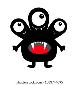 Monster black silhouette. Three eyes, fang tooth tongue, hands. Cute cartoon kawaii scary funny character. Baby collection.Happy Halloween. White background. Isolated. Flat design. Vector illustration