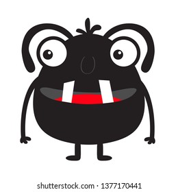 Monster black silhouette. Two eyes, tooth tongue, hands. Cute cartoon kawaii scary funny character. Baby collection.Happy Halloween. White background. Isolated. Flat design. Vector illustration