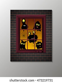 Monster black silhouettes. Window on the brick wall on grey background. Vector illustration, eps10. Cute Halloween monsters.
