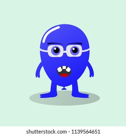 monster blue balloon with glasses and smart face . character cartoon animation