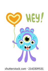 Monster. Blue jolly three-eyed monster with balloon. Flat, cartoon, vector