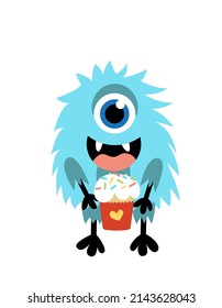 Monster. Blue monocular monster with cupcake. Flat, cartoon, vector