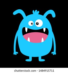 Monster blue silhouette. Cute cartoon kawaii scary funny character. Baby collection. Crazy eyes, fang tooth tongue, hands. Happy Halloween. Black background. Isolated. Flat design. Vector illustration