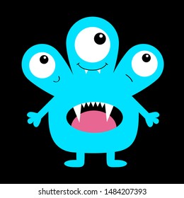 Monster blue silhouette. Three eyes, fang tooth tongue, hands. Cute cartoon kawaii scary funny character. Baby collection. Happy Halloween. Black background. Isolated. Flat design. Vector illustration