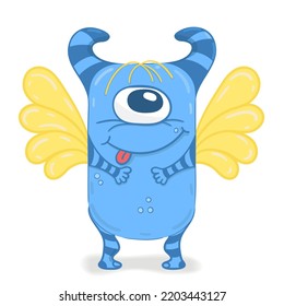 El monstruo es azul con alas amarillas. Un personaje de caricatura plano y aislado. El extraño gracioso. 