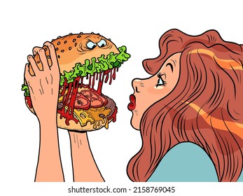 Monster burger character bites a woman in a restaurant, Fast food humor