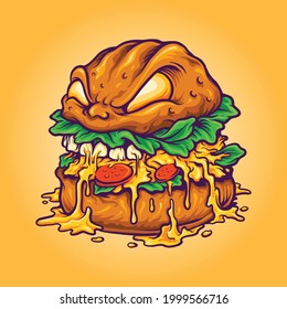 Monster Burger Fast Food Vector ilustraciones para su trabajo Logo, camiseta de mercadería de mascota, pegatinas y diseños de etiquetas, afiche, tarjetas de felicitación compañía comercial o marcas.